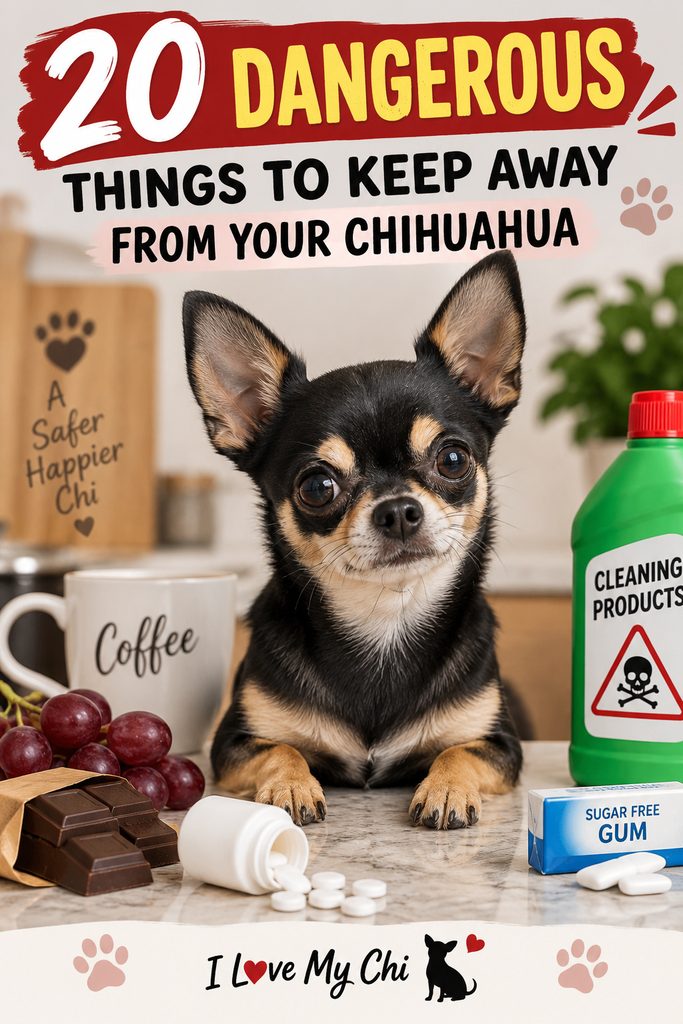 Black and tan Chihuahua surrounded by chocolate, grapes, coffee, medications, cleaning products, and sugar-free gum, with text reading &ldquo;20 Dangerous Things to Keep Away From Your Chihuahua.&rdquo;