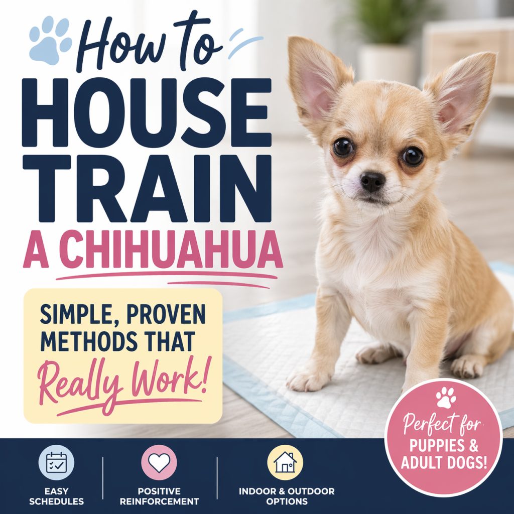Cute Fawn Chihuahua puppy sitting on potty pad and text says  How to Housetrain a Chihuahua.