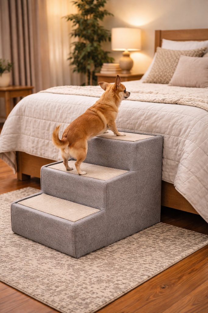 Chihuahua climbing to a cozy bed.