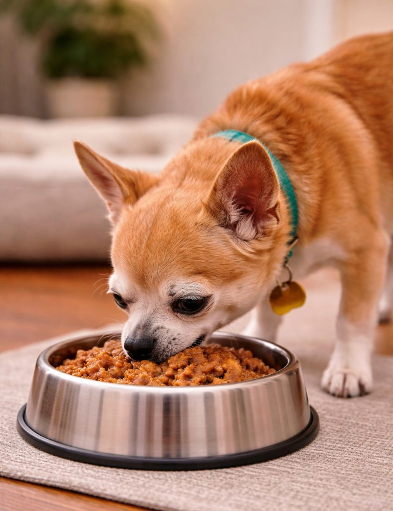 Elderly Chihuahua eating from a dog food bowl.
