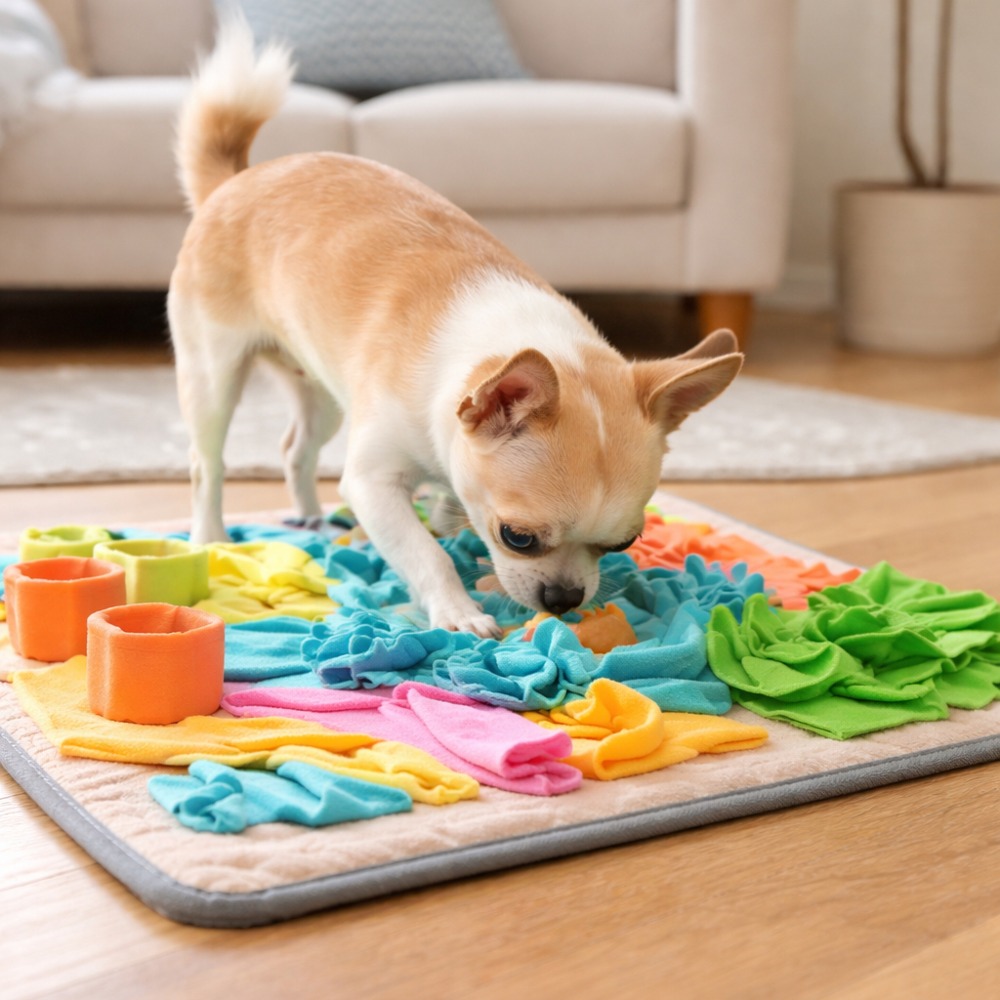 Chihuahua playing with a snuffle mat,