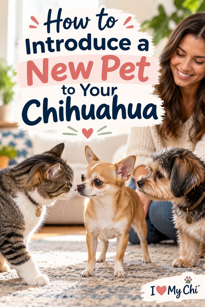A Chihuahua calmly meets a tabby cat and a small fluffy dog while their owner supervises, with text reading “How to Introduce a New Pet to Your Chihuahua.”