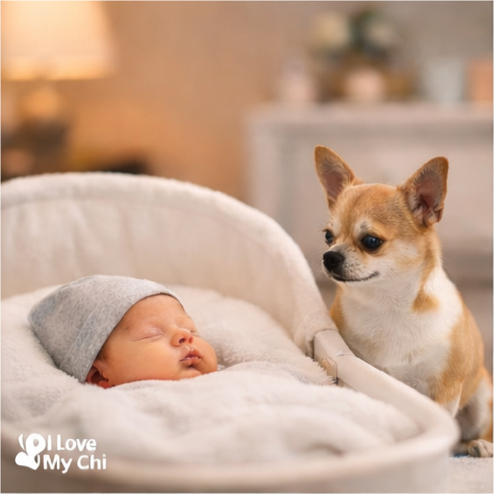 Chihuahua watching baby in cradle.