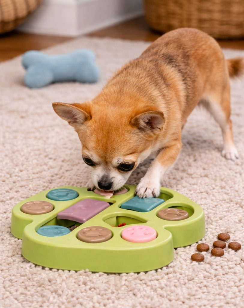 Curious Chihuahua with puzzle toy
