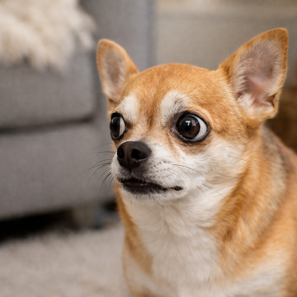 Close-up of Chihuahua showing whale eye or subtle stress signals.