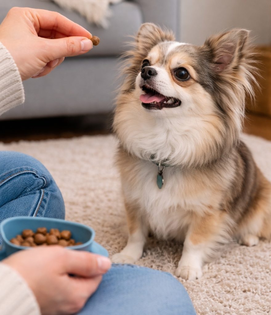 Long-haired Chihuahua being trained with positive reinforcement.