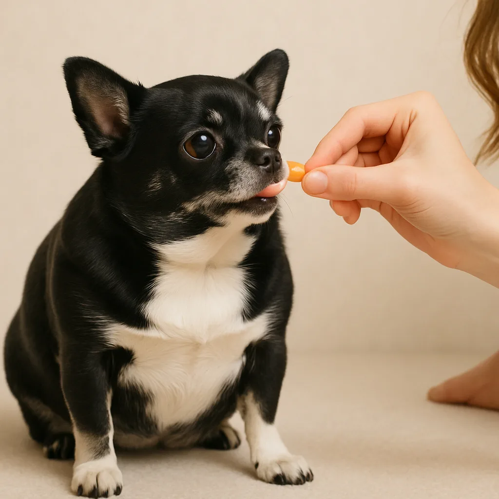 Overweight black and white Chihuahua getting a carrot as a treat from a woman's outstretched hand.