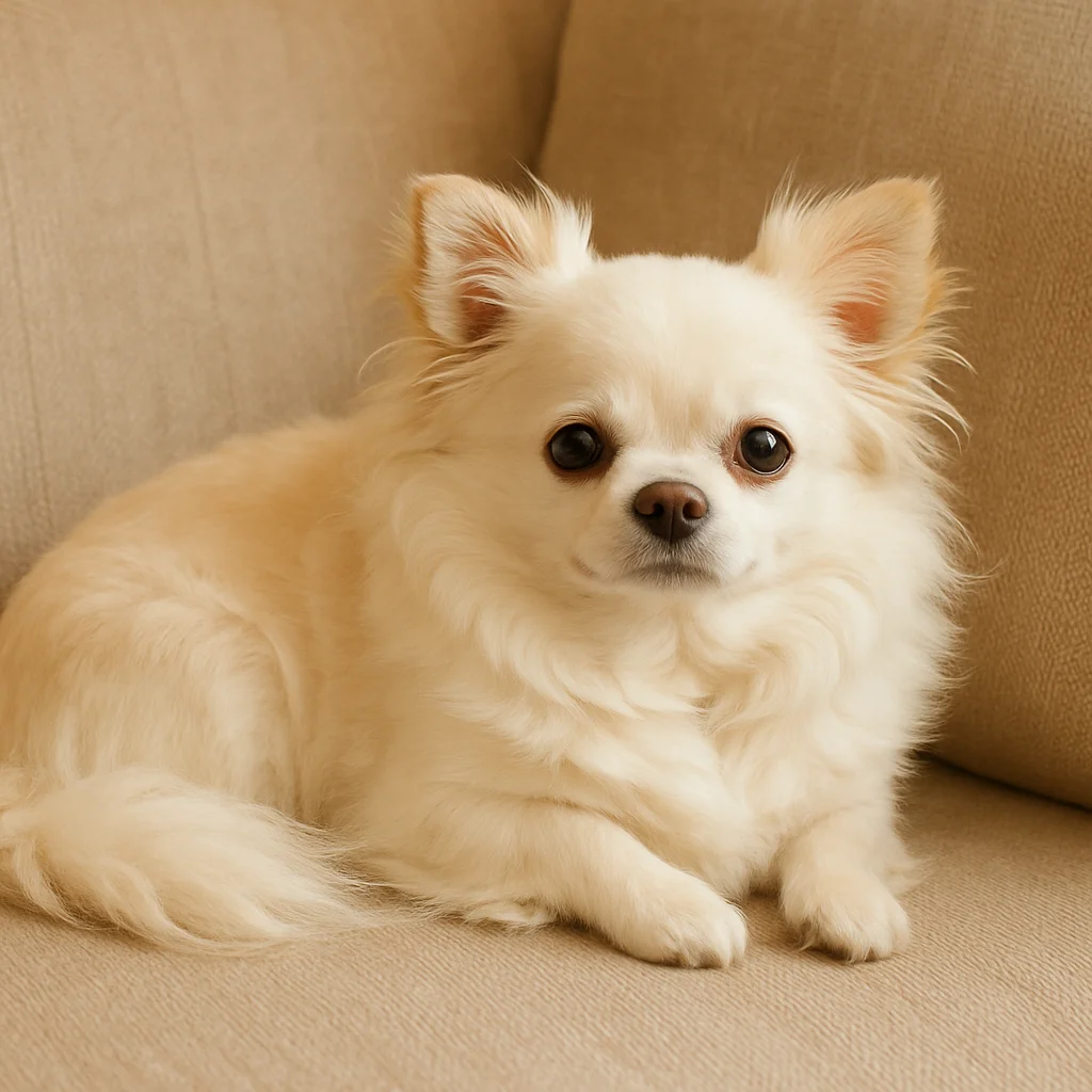 White long haired obese Chihuahua laying on a couch.