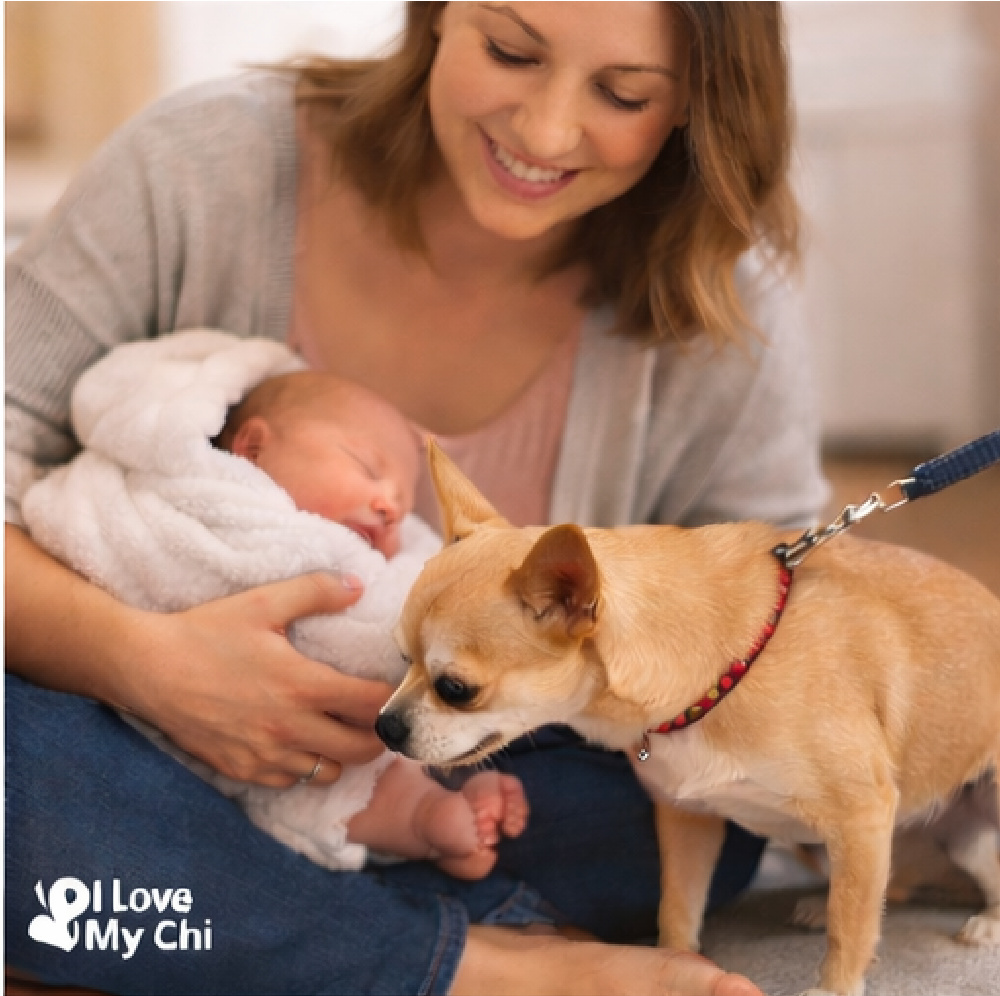 Woman holding a baby with a Chihuahua smelling the baby.