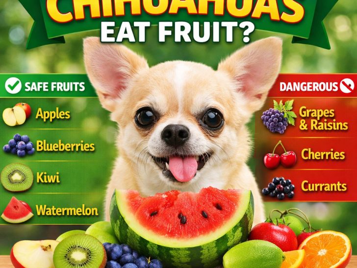 Graphic of fruits that Chihuahuas can eat with a Chihuahua in the middle with fruit.