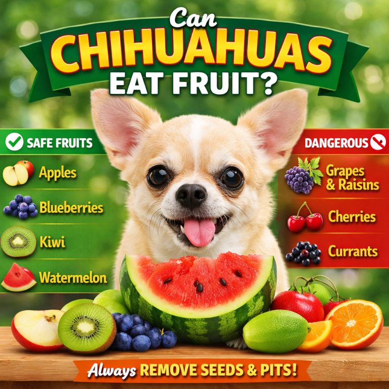 Graphic of fruits that Chihuahuas can eat with a Chihuahua in the middle with fruit.