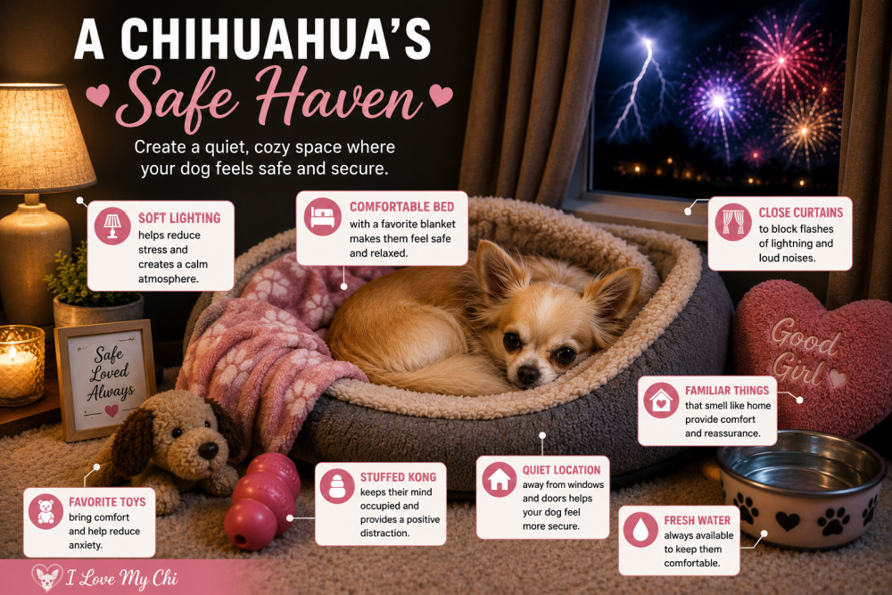 A long-haired Chihuahua relaxes in a plush dog bed surrounded by a soft blanket, stuffed toy, Kong toy, water bowl, and warm lighting while fireworks and lightning are visible outside a curtained window. This infographic-style image demonstrates how to create a safe, cozy space to help dogs feel calm and secure during fireworks and thunderstorms, with the I Love My Chi logo in the corner.