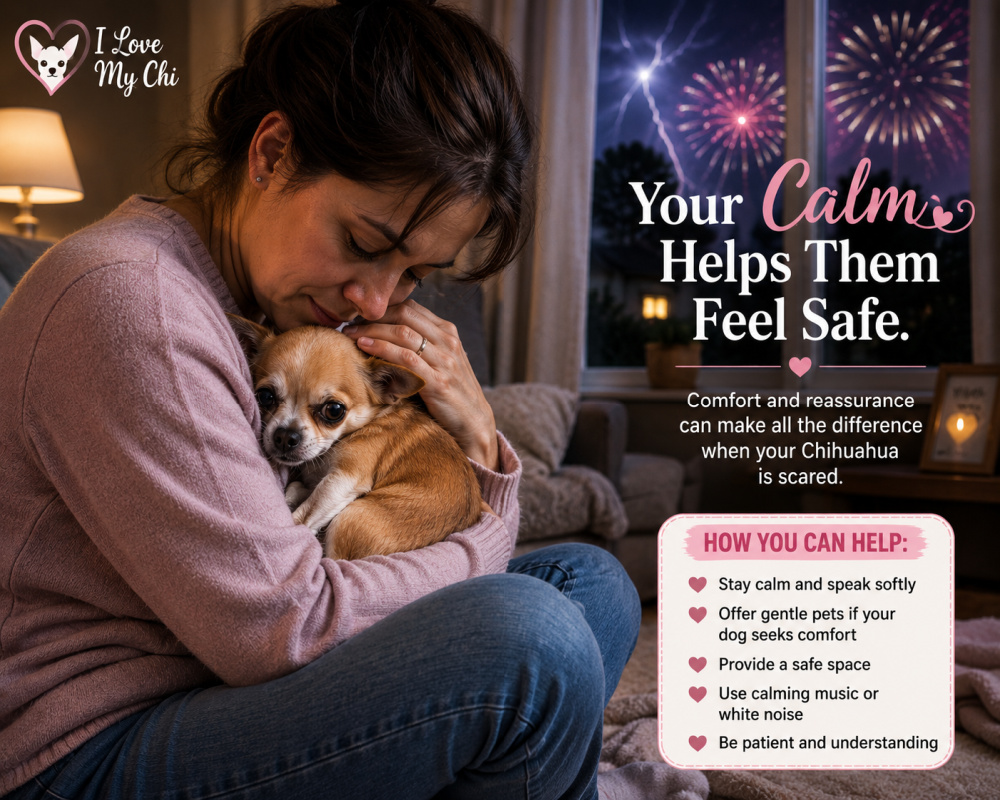 A woman gently hugs and comforts her frightened Chihuahua while sitting on the floor in a cozy living room as fireworks and lightning flash outside the window. The infographic-style image shares tips for calming an anxious dog, including staying calm, speaking softly, offering gentle reassurance, creating a safe space, and using calming music or white noise. The I Love My Chi logo appears in the upper left corner.