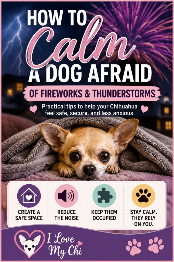 Vertical Pinterest graphic featuring a worried tan Chihuahua hiding under a soft gray blanket while fireworks burst and lightning flashes in the night sky behind it. The image includes the headline 