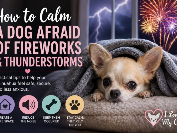 A tan Chihuahua hides under a soft gray blanket while fireworks explode and lightning flashes outside a nearby window. The featured image includes the title "How to Calm a Dog Afraid of Fireworks & Thunderstorms" along with icons highlighting tips such as creating a safe space, reducing noise, keeping dogs occupied, and staying calm.