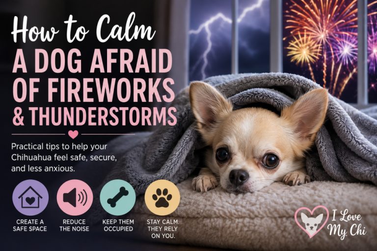A tan Chihuahua hides under a soft gray blanket while fireworks explode and lightning flashes outside a nearby window. The featured image includes the title "How to Calm a Dog Afraid of Fireworks & Thunderstorms" along with icons highlighting tips such as creating a safe space, reducing noise, keeping dogs occupied, and staying calm.