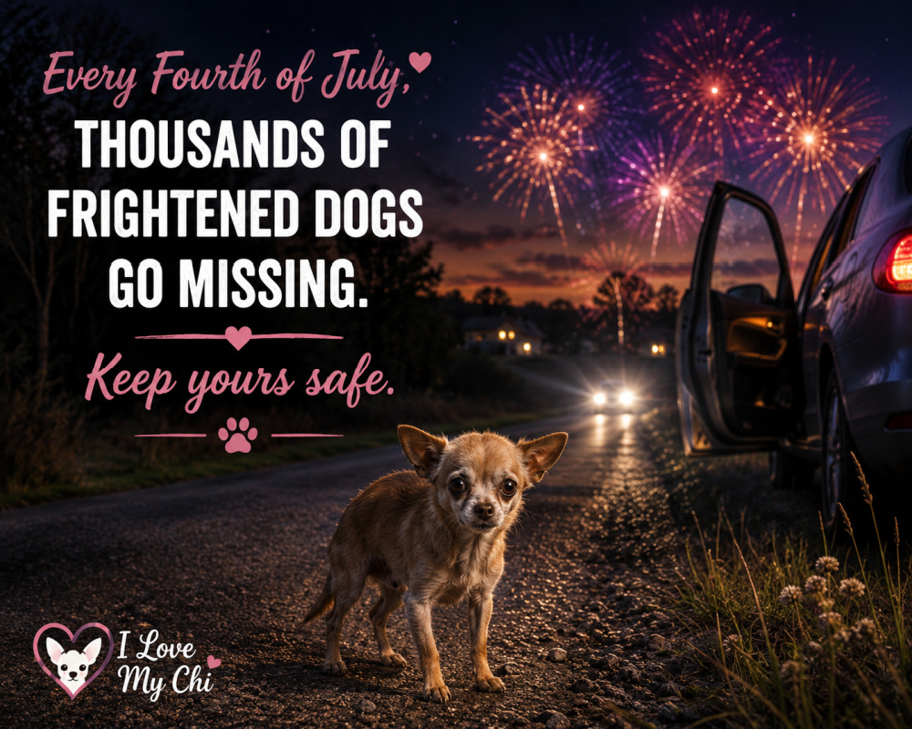 A frightened Chihuahua stands alone on a rural roadside at dusk as colorful Fourth of July fireworks explode overhead. A nearby car with an open door suggests someone has stopped to help. The image includes the message, 