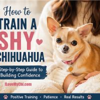 Woman holding a fawn Chihuahua and text says How to Train a Shy Chihuahua