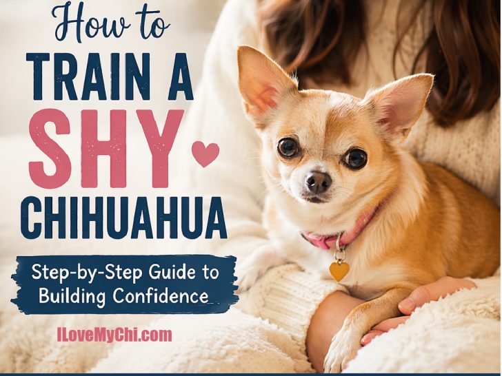 Woman holding a fawn Chihuahua and text says How to Train a Shy Chihuahua