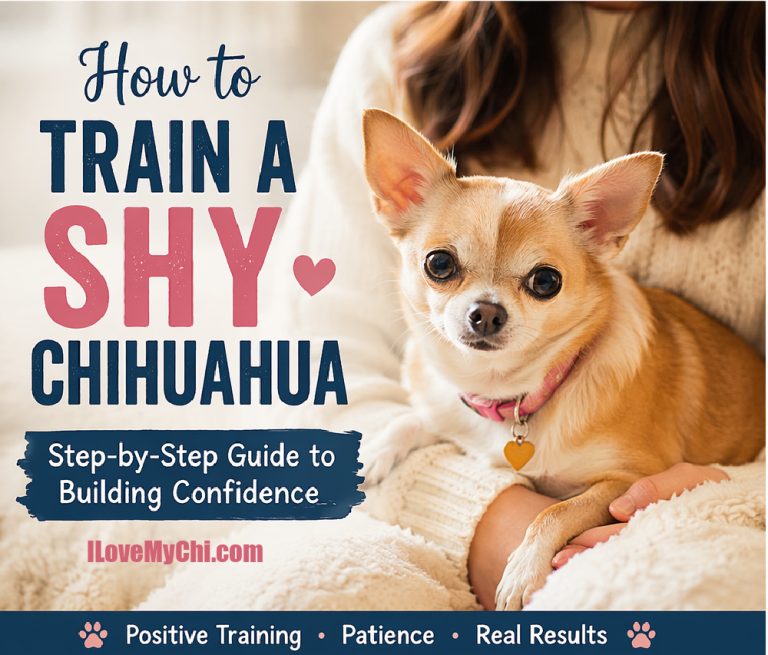 Woman holding a fawn Chihuahua and text says How to Train a Shy Chihuahua
