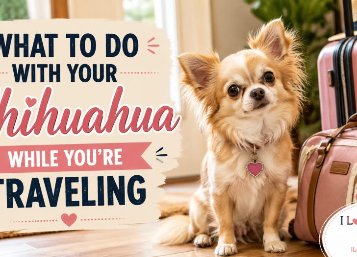 Long-haired Chihuahua sitting beside pink luggage and a travel bag, illustrating pet care options and travel planning for Chihuahua owners while they are away from home.