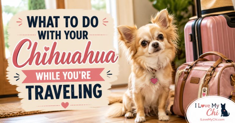 Long-haired Chihuahua sitting beside pink luggage and a travel bag, illustrating pet care options and travel planning for Chihuahua owners while they are away from home.