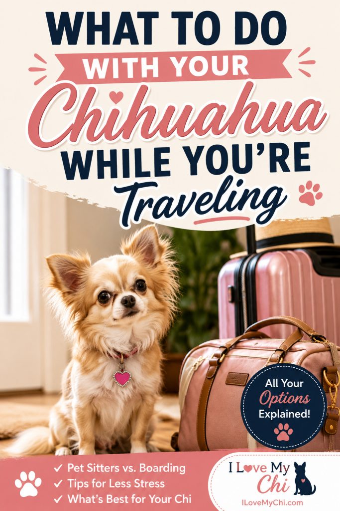 Pinterest graphic featuring a long-haired Chihuahua sitting beside pink luggage and a travel bag, with the text "What To Do With Your Chihuahua While You're Traveling" and tips about pet sitters, boarding, and choosing the best care option while you're away.