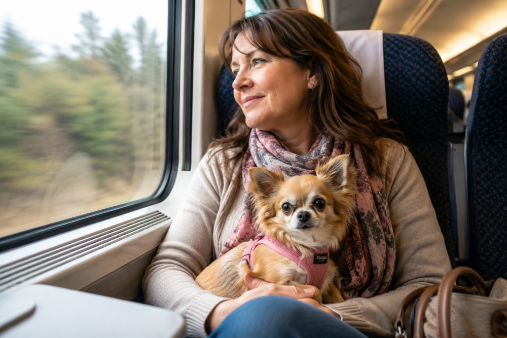 Long-haired Chihuahua sitting comfortably on a woman's lap while riding on a passenger train, with both looking out the window during a relaxing journey.