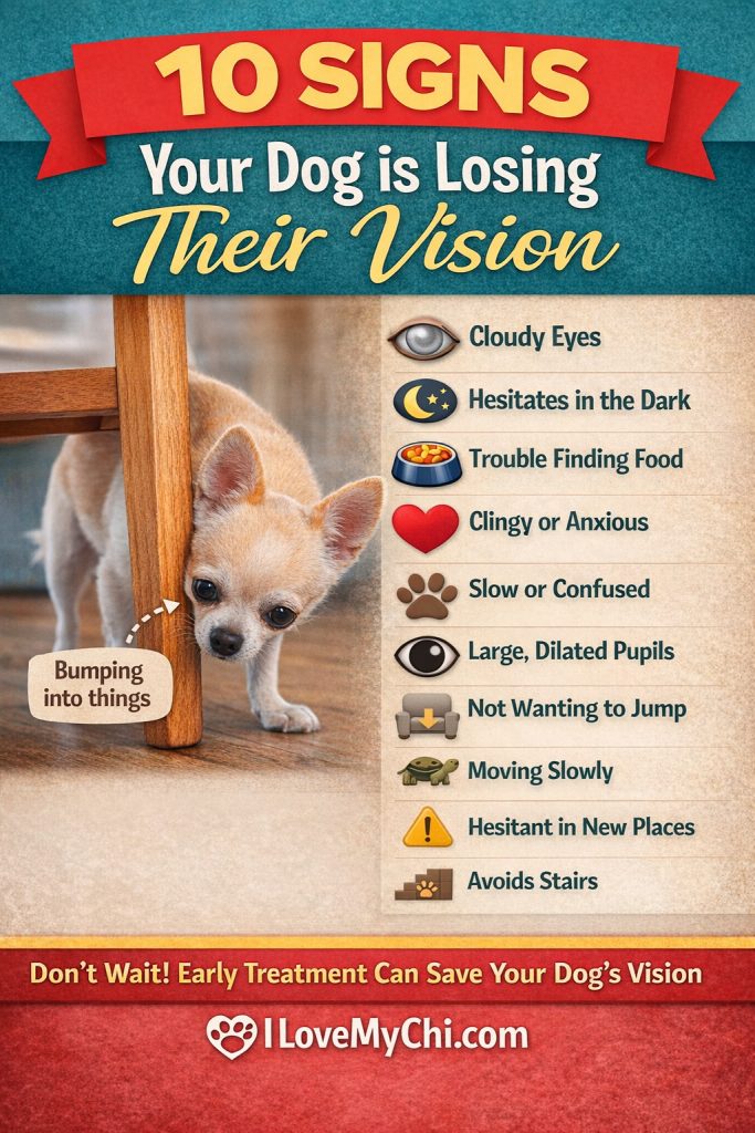 Chihuahua bumping into chair leg with text above that says 10 signs your dog is losing their vision.