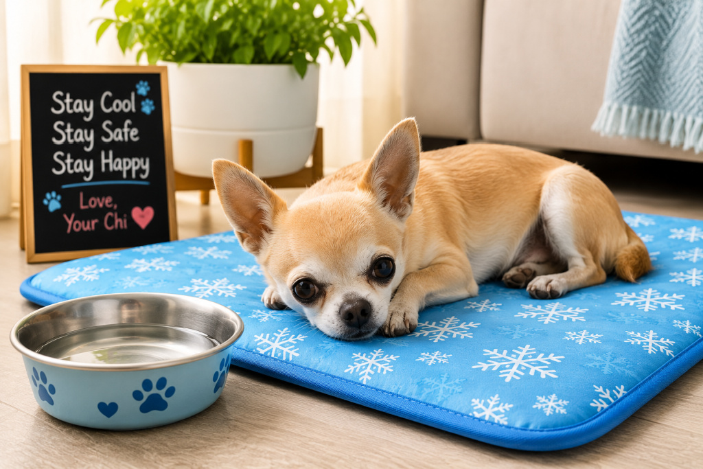 A tan and white Chihuahua relaxes on a blue cooling mat with a bowl of fresh water nearby, demonstrating a safe way to help dogs stay cool indoors during hot summer weather.