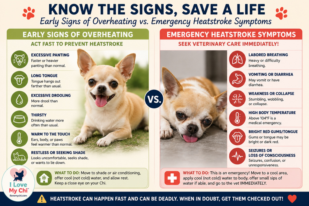 Split comparison graphic showing the early signs of overheating in a Chihuahua, such as excessive panting and drooling, versus emergency heatstroke symptoms including collapse, vomiting, seizures, and bright red gums, with guidance on when to seek immediate veterinary care.
