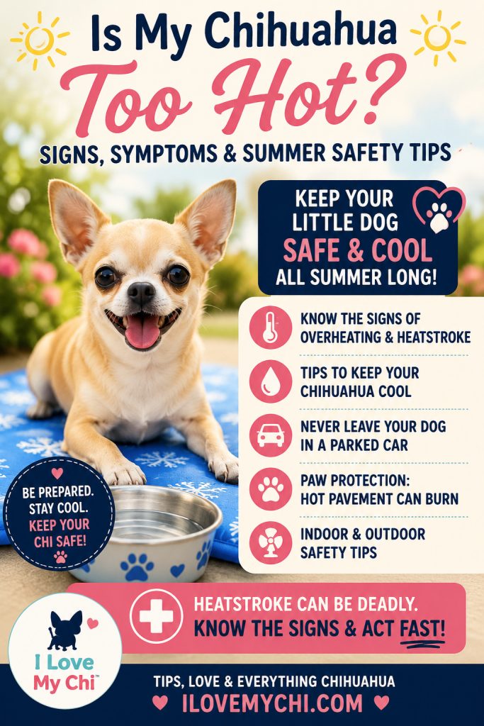 A Pinterest graphic featuring a smiling Chihuahua on a cooling mat beside a bowl of water, with tips for recognizing overheating, preventing heatstroke, protecting paws from hot pavement, and keeping Chihuahuas safe during hot summer weather.