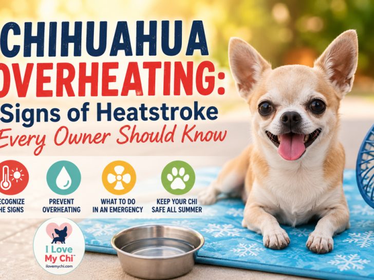 A happy tan and white Chihuahua lies on a blue cooling mat beside a bowl of fresh water and a small fan, illustrating heatstroke prevention and summer safety for Chihuahuas.