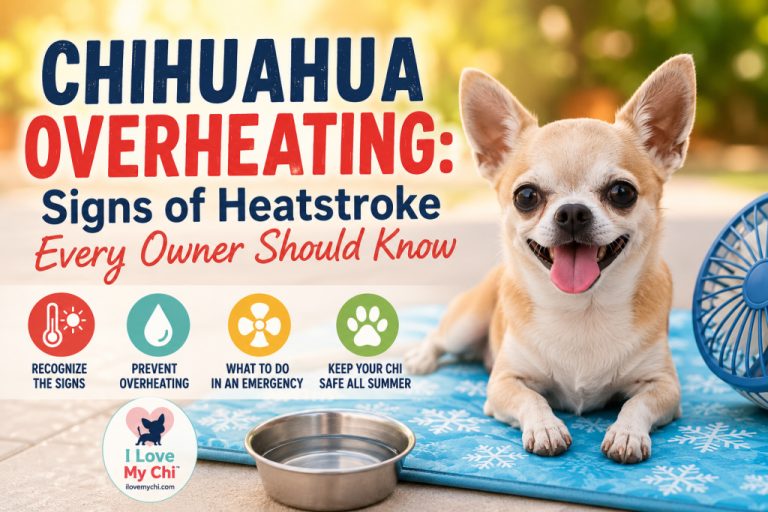 A happy tan and white Chihuahua lies on a blue cooling mat beside a bowl of fresh water and a small fan, illustrating heatstroke prevention and summer safety for Chihuahuas.