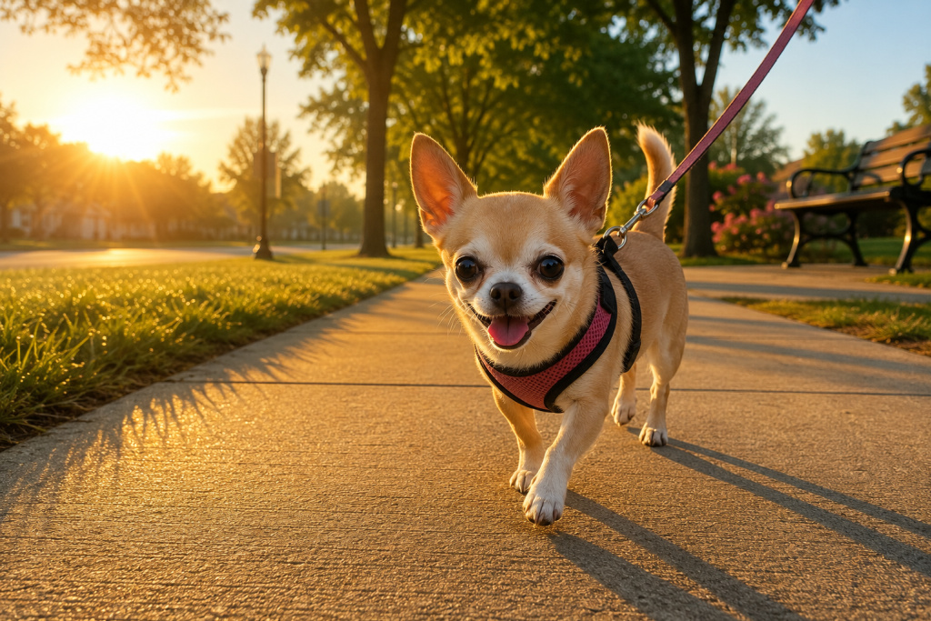 A happy tan and white Chihuahua wearing a pink harness enjoys an early morning walk on a shaded sidewalk, with long sunrise shadows illustrating the safest time of day for summer walks.