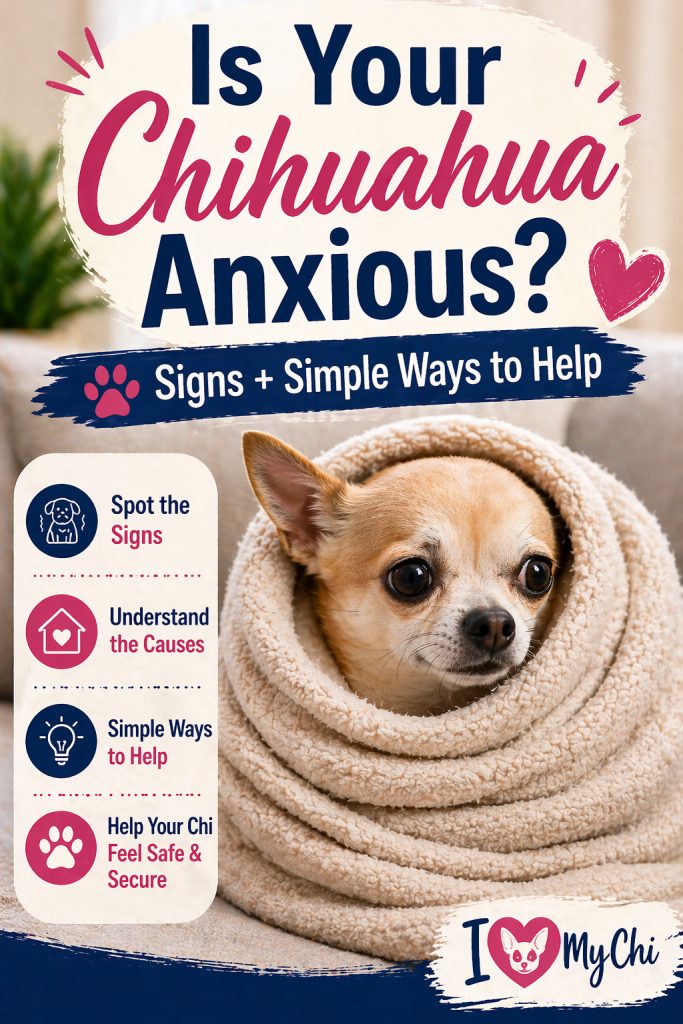 Chihuahua wrapped in a blanket looking anxious with text overlay “Is Your Chihuahua Anxious? Signs + Simple Ways to Help” and I Love My Chi logo