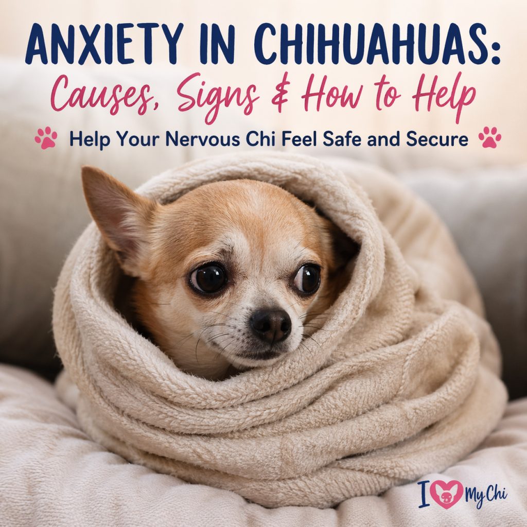 Chihuahua with anxiety wrapped in blanket.