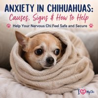 Chihuahua with anxiety wrapped in blanket.