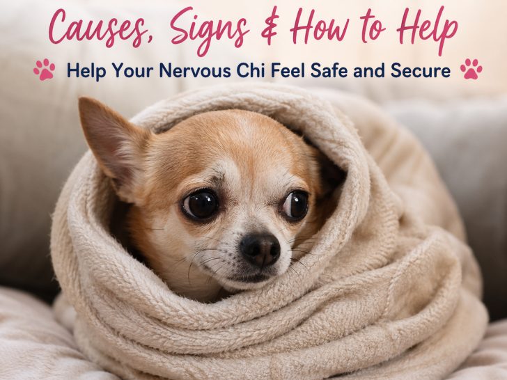 Chihuahua with anxiety wrapped in blanket.