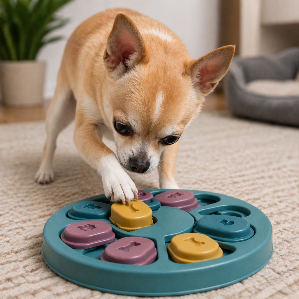Fawn and white Chihuahua playing with a puzzle toy.