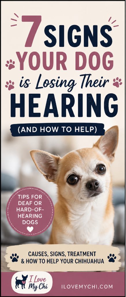 Cute Chihuahua with bold text listing signs a dog is losing their hearing, including causes and tips for helping deaf dogs