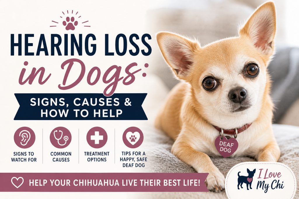 Chihuahua with deaf dog tag illustrating hearing loss in dogs, showing signs, causes, and tips to help a hard-of-hearing dog live safely