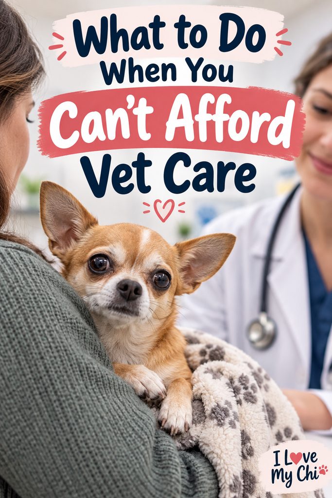 Pinterest graphic showing a Chihuahua being held by its owner at a veterinary clinic with the text, &ldquo;What to Do When You Can&rsquo;t Afford Vet Care.&rdquo;