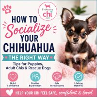 Image showing a cute Chihuahua puppy beside text that says &ldquo;How to Socialize Your Chihuahua the Right Way.&rdquo; Includes tips for puppies, adult Chihuahuas, and rescue dogs, with the I Love My Chi logo at the top.