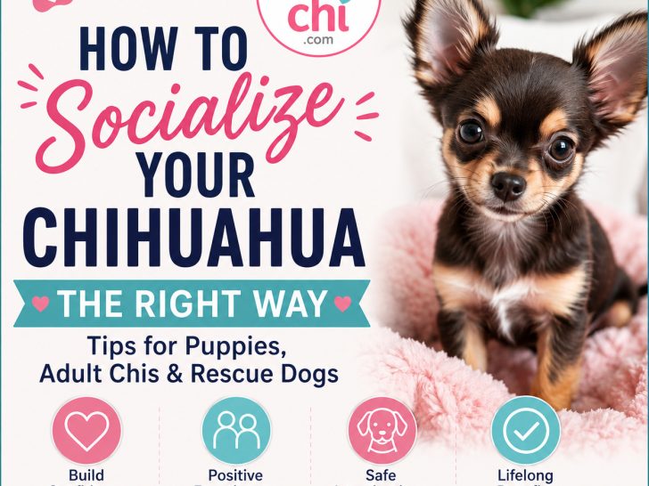 Image showing a cute Chihuahua puppy beside text that says &ldquo;How to Socialize Your Chihuahua the Right Way.&rdquo; Includes tips for puppies, adult Chihuahuas, and rescue dogs, with the I Love My Chi logo at the top.