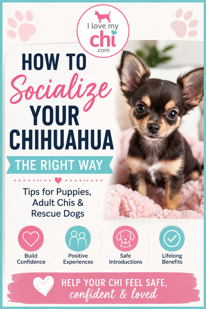 Pinterest image showing a cute Chihuahua puppy beside text that says “How to Socialize Your Chihuahua the Right Way.” Includes tips for puppies, adult Chihuahuas, and rescue dogs, with the I Love My Chi logo at the top.