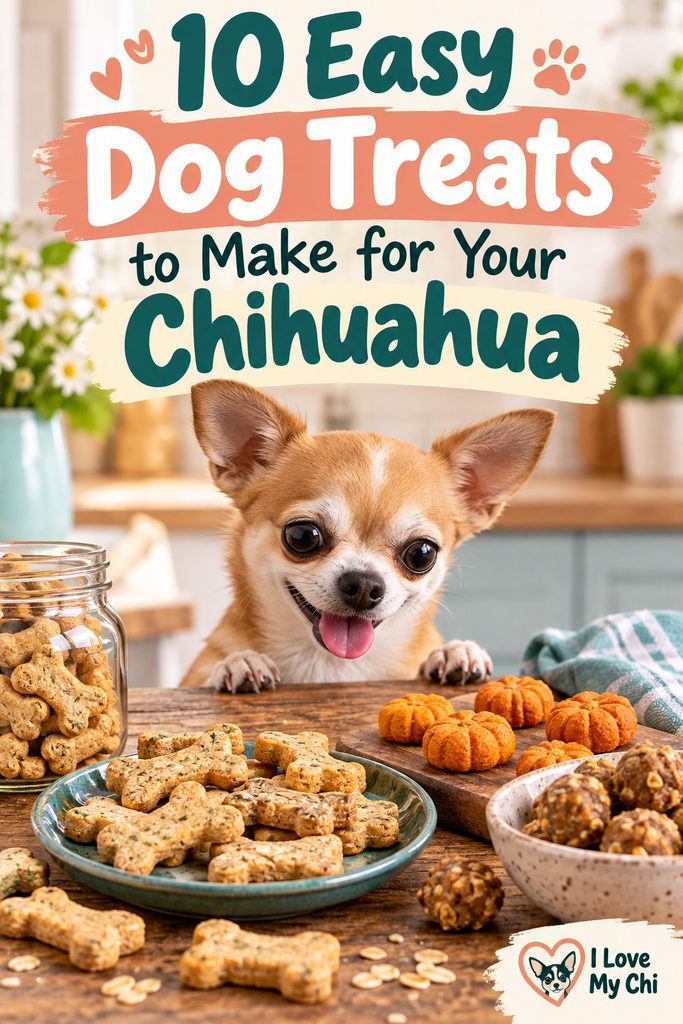 Happy tan and white Chihuahua peeking over a kitchen counter filled with homemade dog treats, including bone-shaped biscuits, pumpkin treats, and oat balls. Text reads “10 Easy Dog Treats to Make for Your Chihuahua,” with the I Love My Chi logo in the bottom corner.