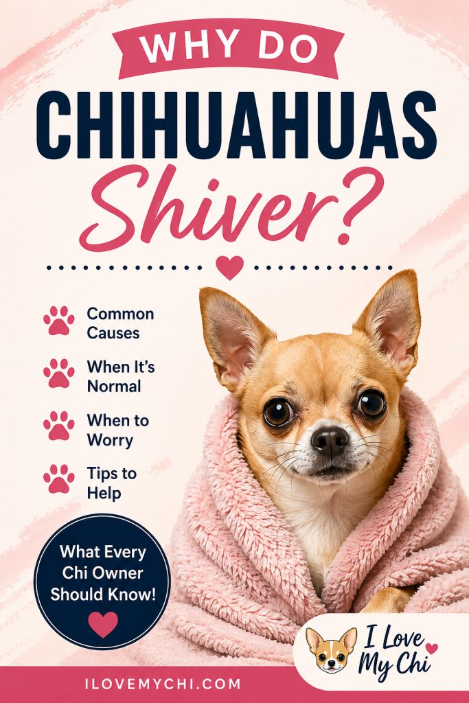 Chihuahua wrapped in blanket shivering illustration showing why Chihuahuas shake, common causes, and when to worry