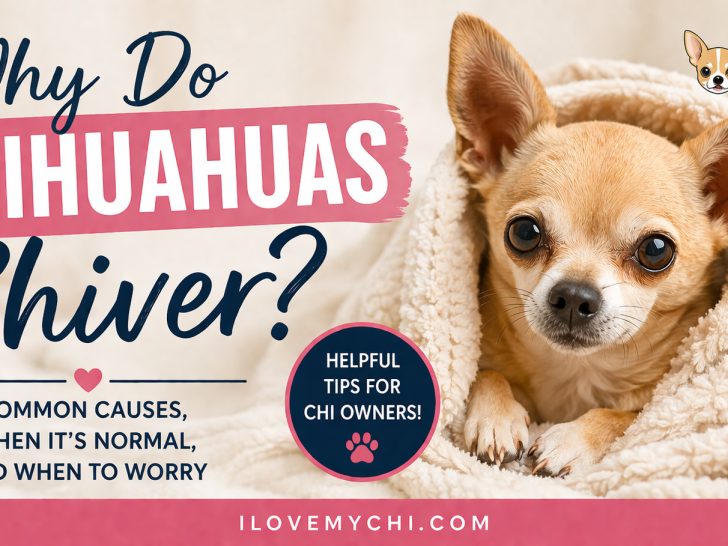 Cute Chihuahua wrapped in a blanket with text &ldquo;Why do Chihuahuas shiver&rdquo; explaining common causes and when to worry