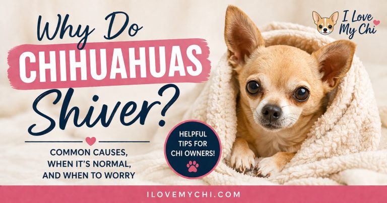 Cute Chihuahua wrapped in a blanket with text “Why do Chihuahuas shiver” explaining common causes and when to worry